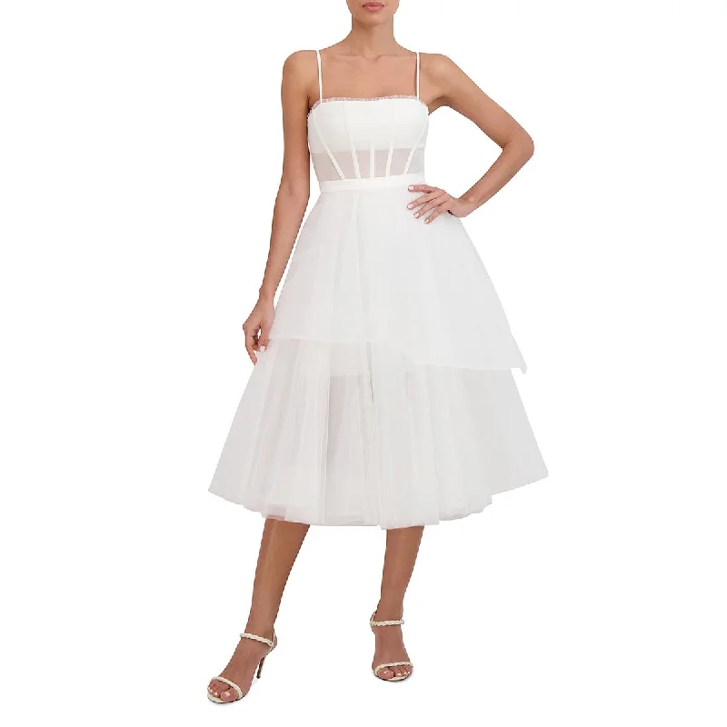Sports Fashion BCBGMAXAZRIA Women's Tulle Tiered Sleeveless Midi Dress with Corset Bodice