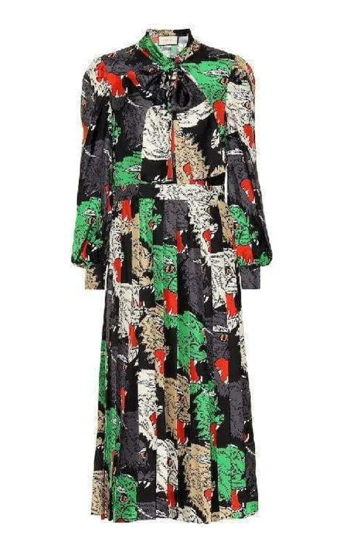 Multifunctional Style Pleated Rainbow-Panther Face Silk Twill Dress