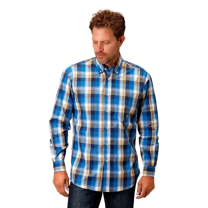 Active Gear Roper Western Shirt Mens L/S Plaid Button Blue 03-001-0379-2088 BU