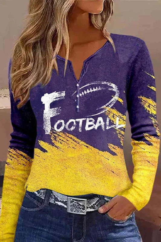 Fashion Design FOOTBALL Graphic Notched Neck Long Sleeve T-Shirt
