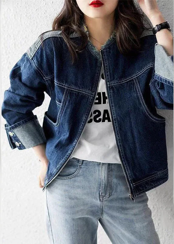 Elegant Series Casual Denim Blue O-Neck Zippered Patchwork Coat Long Sleeve
