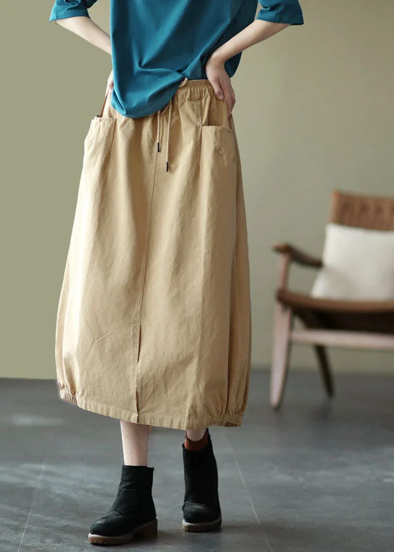 Simple Matching Beautiful Khaki Elastic Waist Pockets open Fall Skirts