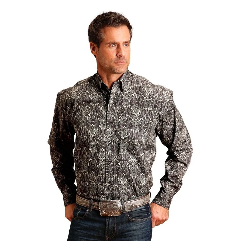 Fashion Basics Stetson Western Shirt Mens L/S Damask Button Gray 11-001-0526-0178 GY