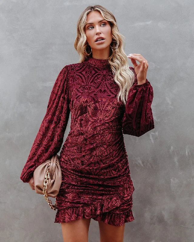 Creative Prints Salem Ruched Velvet Mini Dress - Brick