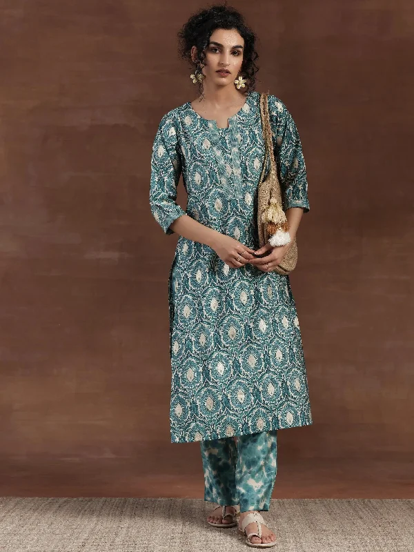 Energy Wear Blue Printed Silk Blend Straight Kurta Set