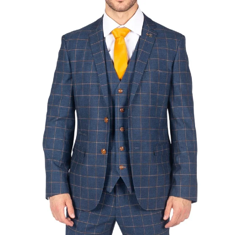 Casual Knitwear Mens 3 Piece Blue Orange Check Suit Retro Smart Tailored Fit Vintage