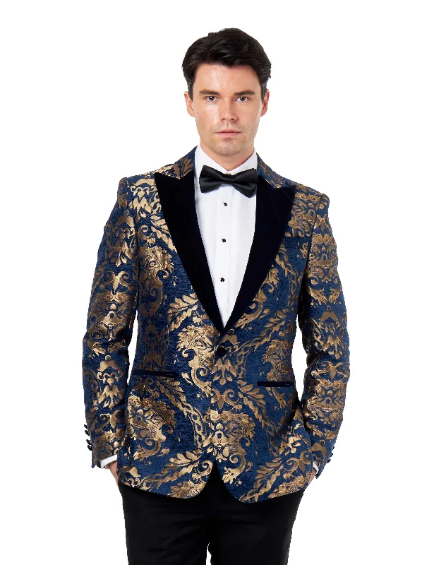 Active Gear GLEN - GOLD BROCADE ON FLOCKED NAVY VELVET LAPEL JACQUARD BLAZER