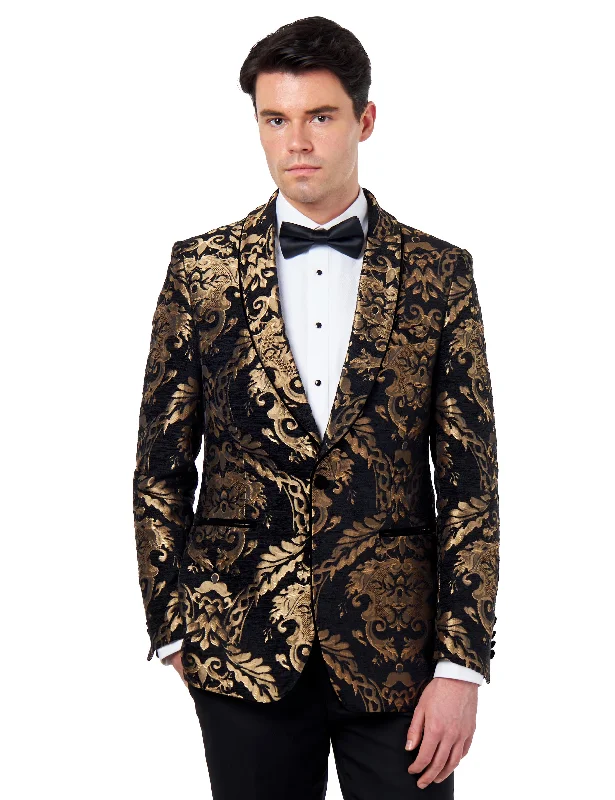 Everyday Outfits GLEN – BLACK GOLD BROCADE PAISLEY PRINT TUXEDO JACKET