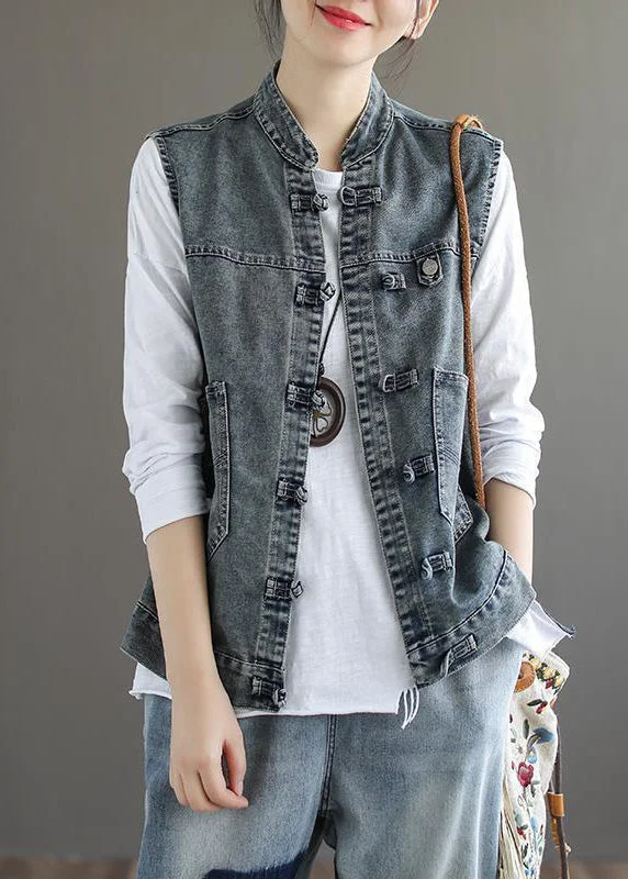 Goddess Style Natural Blue Stand Collar Pockets Patchwork Denim Waistcoat Sleeveless