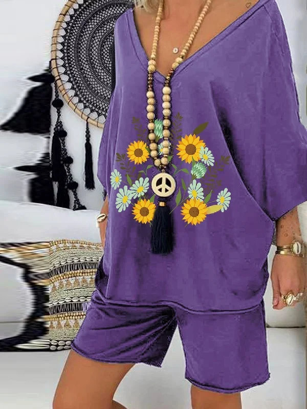 Sports Trend V-neck Print Top Shorts Casual Suit