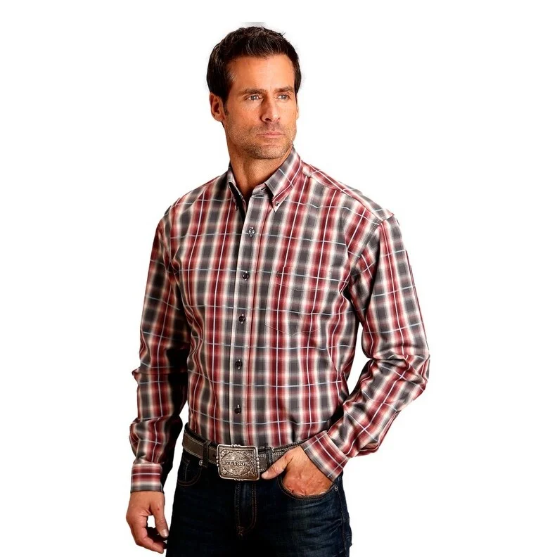 Everyday Essentials Stetson Western Shirt Mens L/S Slate Plaid Wine 11-001-0579-6041 WI