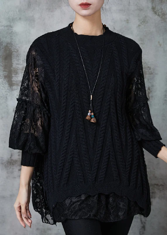Fashionable Inner Wear Black Patchwork Lace Knit Tops Oversized Spring
