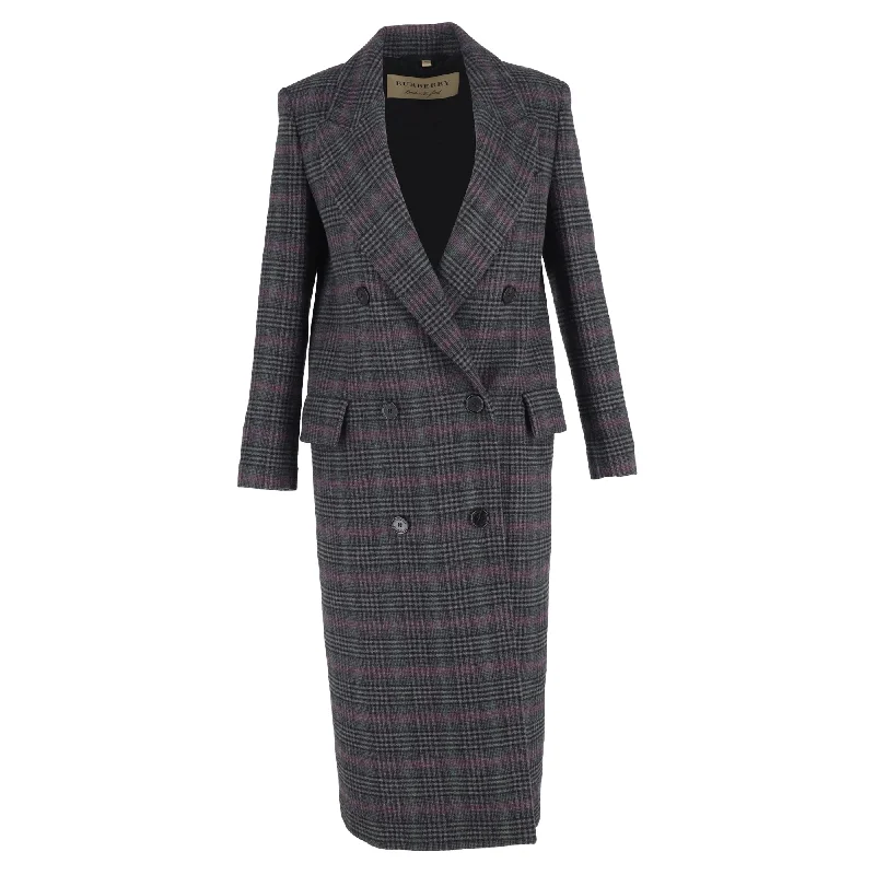 Celebrity Must-have Burberry Theydon Plaid Double-Breasted Coat in Grey Wool