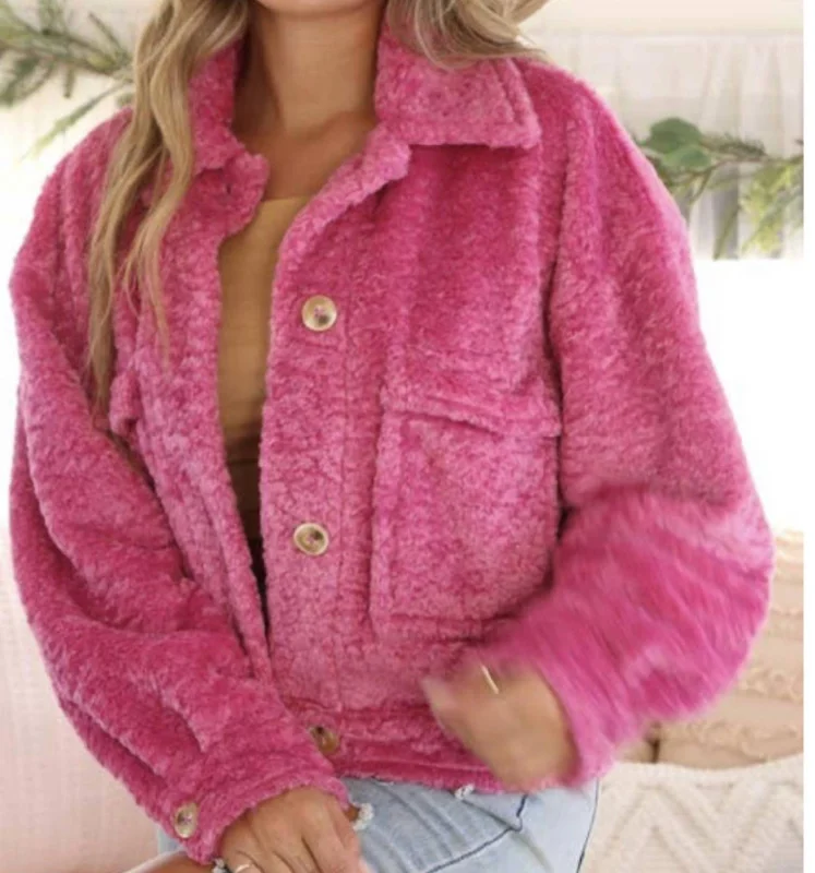 Retro Prints Faux Fur Boxy Jacket In Pink