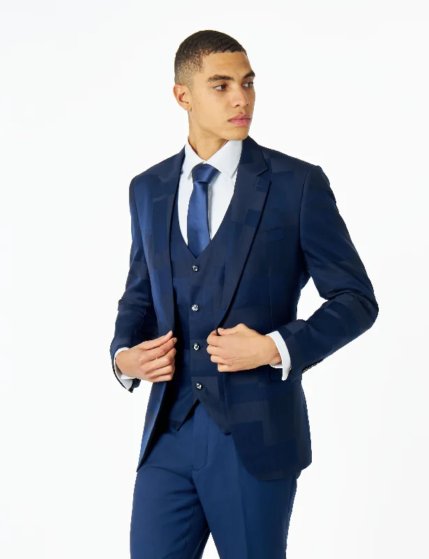 Puffer Jackets NAVY BLUE GEO PATTERN DETAILED SUIT JACKET