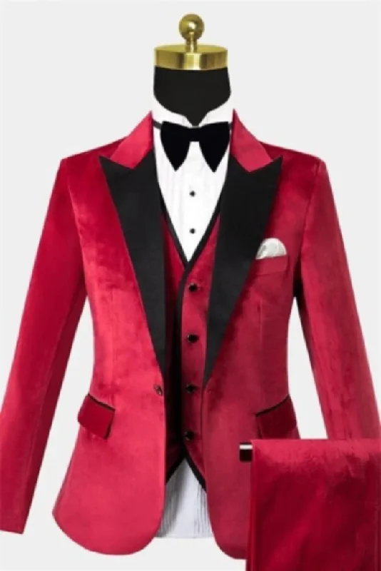 Stylish Sweaters Men's Tuxedo Velvet Three Piece Suit Red Wedding Suit Dinner Suit Formal Party Wear Bespoke