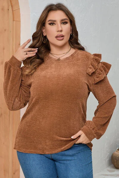 Personalized Design Plus Size Ruffled Round Neck Long Sleeve T-Shirt