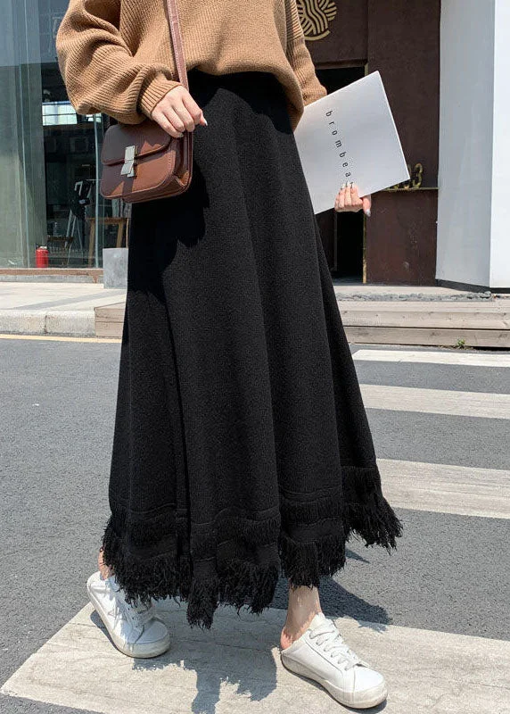 Design Trend Organic Black Tasseled thick Knit Skirt Winter