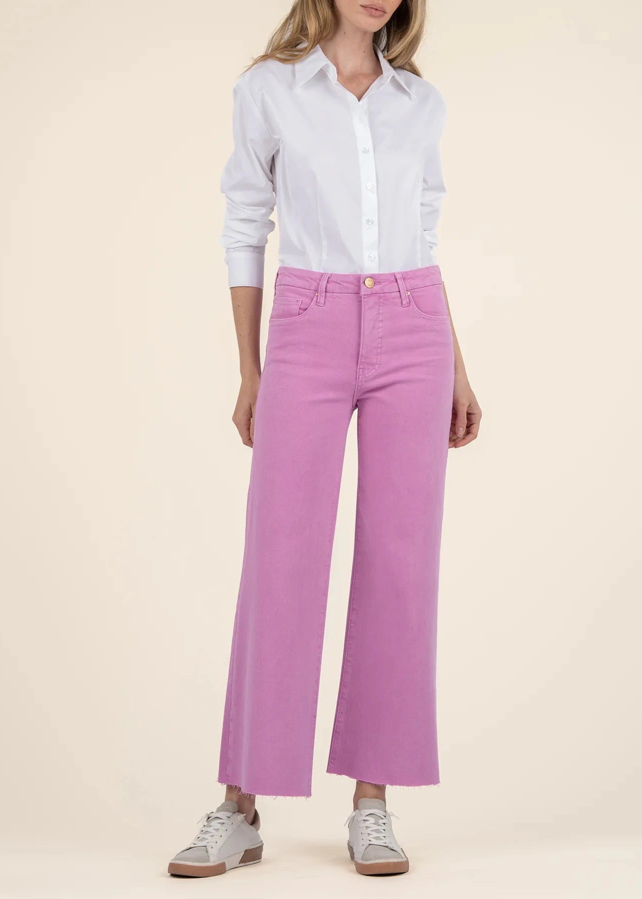 Comfortable Series Kut From the Kloth Meg High Rise Fab Ab Wide Leg Raw Hem Jeans - Peony Pink