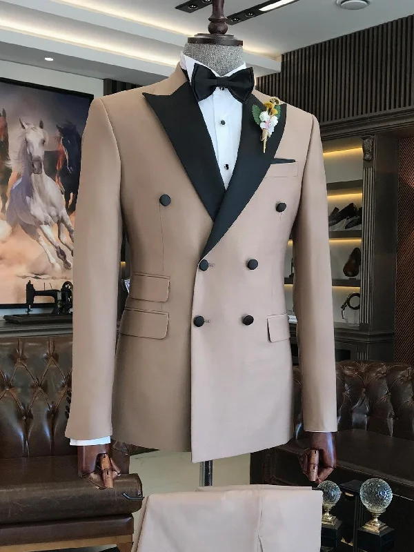Relaxed Fit Beige Double Breasted Tuxedo 2-Piece