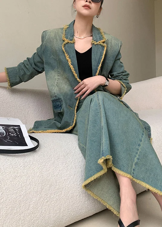 Celebrity Style Loose Blue Peter Pan Collar Button Denim Coat Long Sleeve