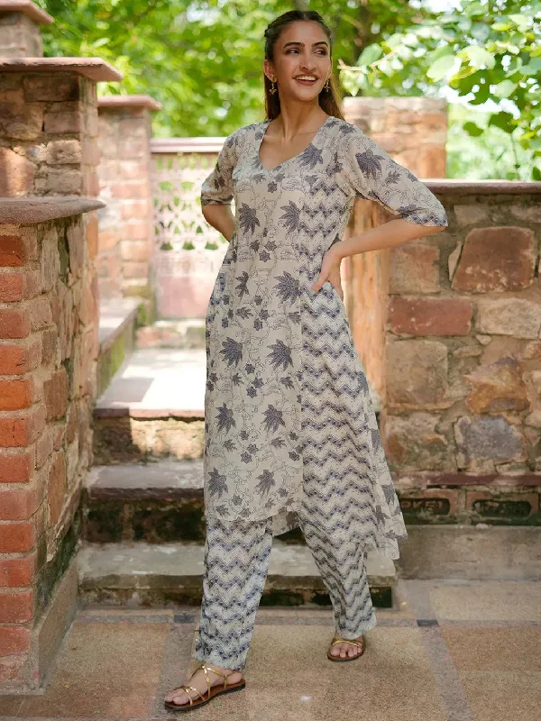 High Street Fashion Beige Printed Cotton A-Line Kurta With Palazzos