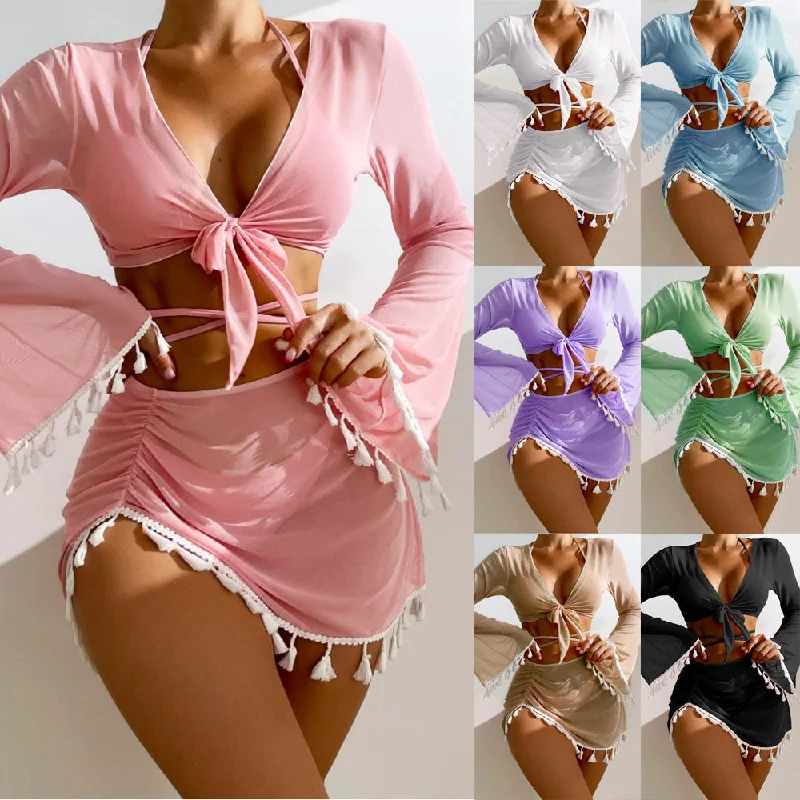 Exquisite Design 4pcs Solid Color Bikini With Short Skirt And Long Sleeve Cover-up Fashion Bow Tie Fringed Swimsuit Set Summer Beach Womens Clothing Exquisite Design 4pcs Solid Color Bikini With Short Skirt And Long Sleeve Cover-up Fashion Bow Tie Fringed Swimsuit Set Summer Beach Womens Clothing