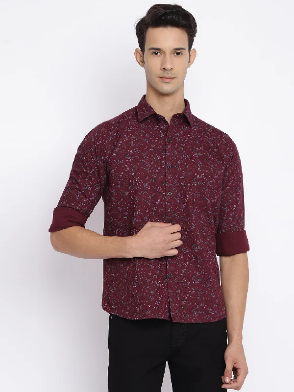 Leather Pants Men's Maroon Casual Floral Print Full Sleeve Shirt