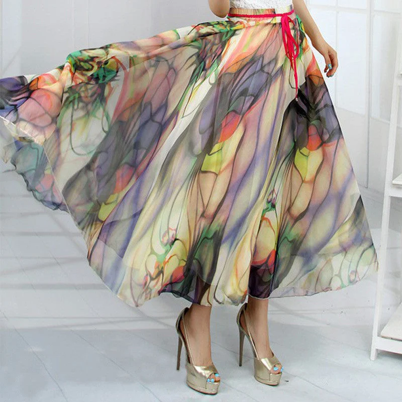 Fresh And Capable Peacock Feather Faux Silk Elastic Waist Big Bottom Printed Bohemia Skirt Women Full Long Chiffon Skirt