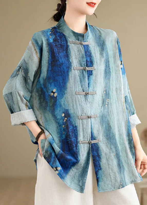 Minimal Style Chinese Style Blue Stand Collar Tie Dye Shirt Long Sleeve