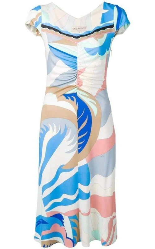 Exquisite Details Blue Acapulco Print Gathered Silk Blend Dress