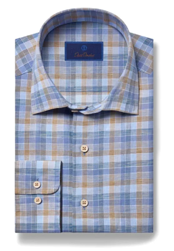 Sporty Wardrobe David Donahue Blue & Dune Plaid Linen Shirt