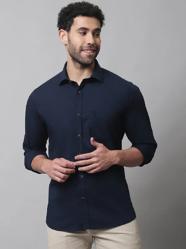 Functional Fashion Men's Navy Blue Casual Plain Stretch Full Sleeve Shirt