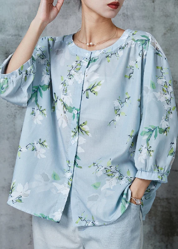 Classic Items Art Light Blue Oversized Print Cotton Blouses Bracelet Sleeve