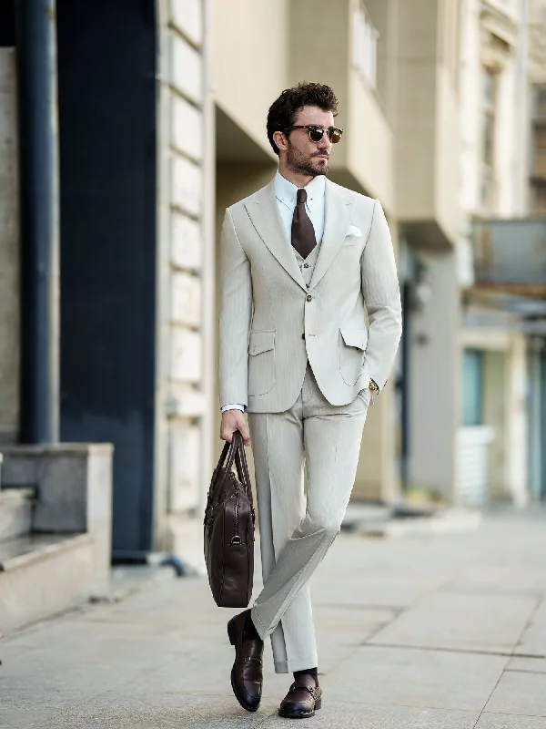 Designer Footwear Beige Striped Slim-Fit Suit 3-Piece