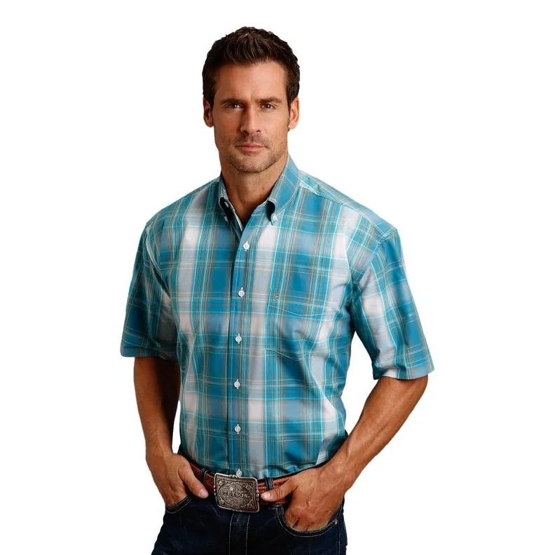 Modern Casuals Stetson Western Shirt Mens S/S Plaid Button Blue 11-002-0579-5003 BU