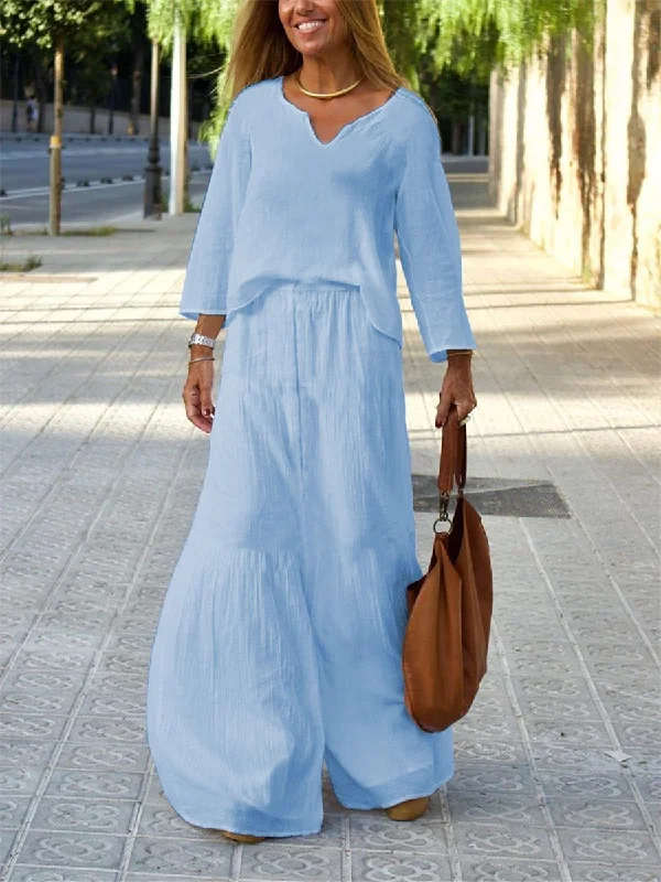 Elegant Wear Simple Casual Loose V Neck Top Pants Set