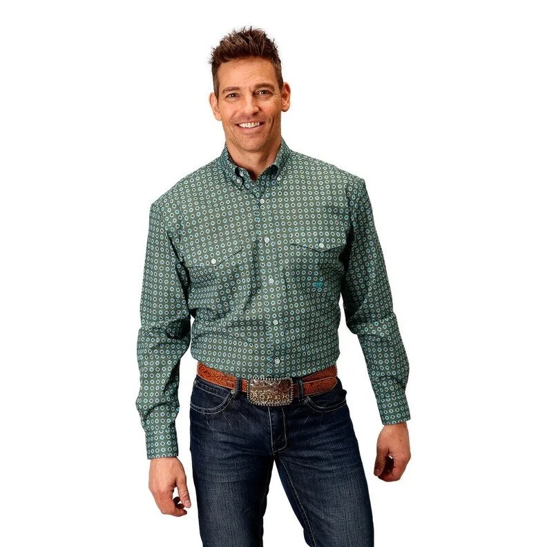 Cool Comfort Roper Western Shirt Mens L/S Print Button Green 03-001-0325-4024 GR