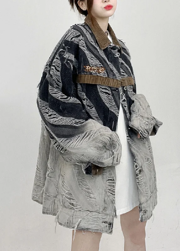 Fashion Wear Vintage Striped  Button Hole Patchwork Unisex Style Denim Coats Fall