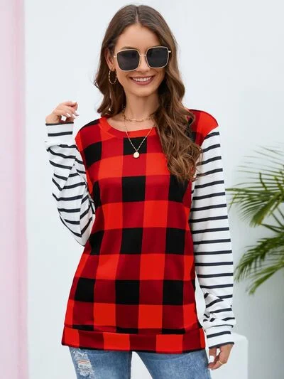 Elegant Series Plaid Striped Round Neck Long Sleeve T-Shirt