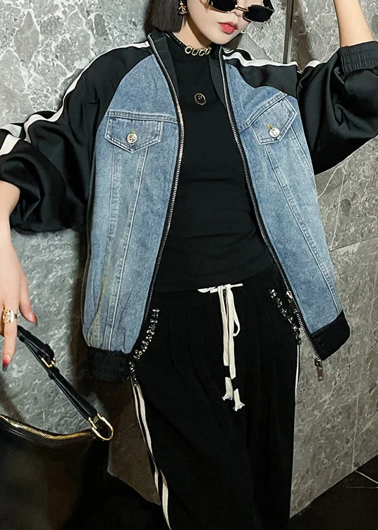 Minimal Style New Blue Zip Up Denim Patchwork Coats Long Sleeve