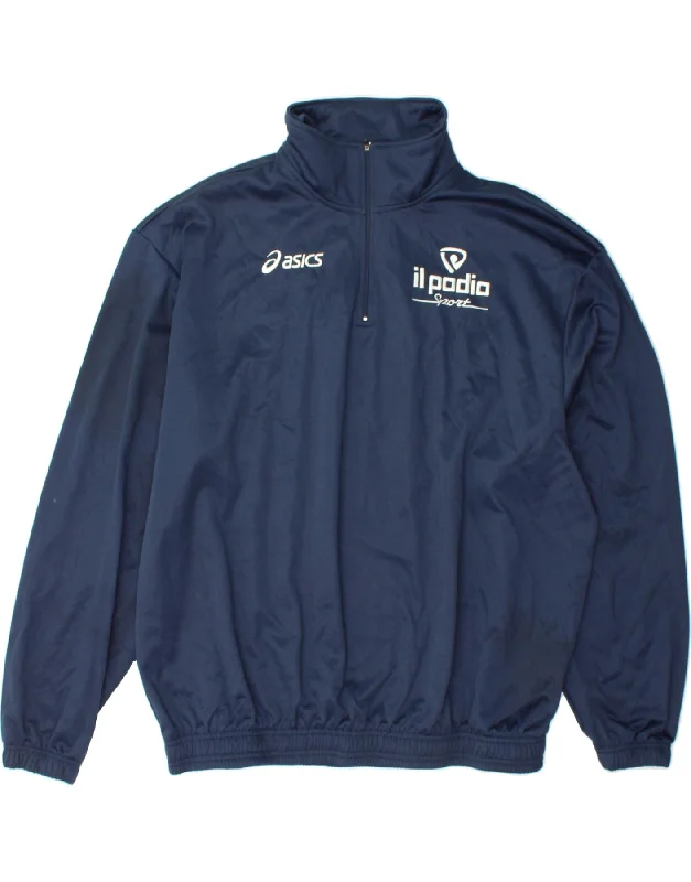 Graphic Caps ASICS Mens Graphic Zip Neck Pullover Tracksuit Top XL Navy Blue Polyester