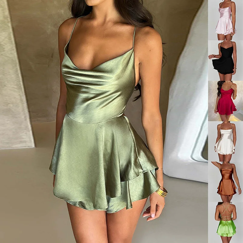 Energy Wear Sexy Suspender Skirt For Women Elegant Slim Strap Satin Backless Lace Up A-Line Short Dress Lady
