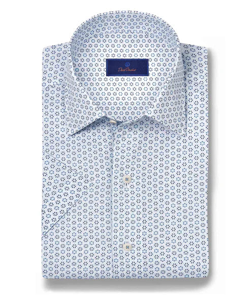 Tech Jackets David Donahue White & Blue Neat Print Short Sleeve Shirt