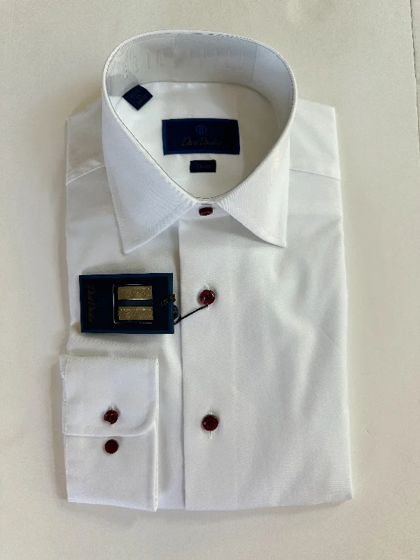 Stylish Apparel David Donahue White with Crimson Buttons Dress Shirt (Trim Fit)