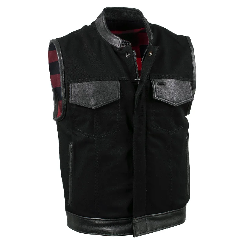 Casual Outfit Hot Leathers VSM5101 USA Made Men's 'Burn Out' Black Denim and Leather Vest with Plaid Red Lining