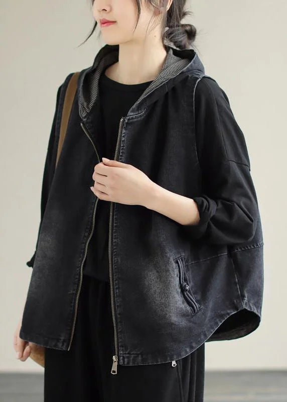 High-quality Styles Style Black Zippered Patchwork Hoodie Denim Coat Fall