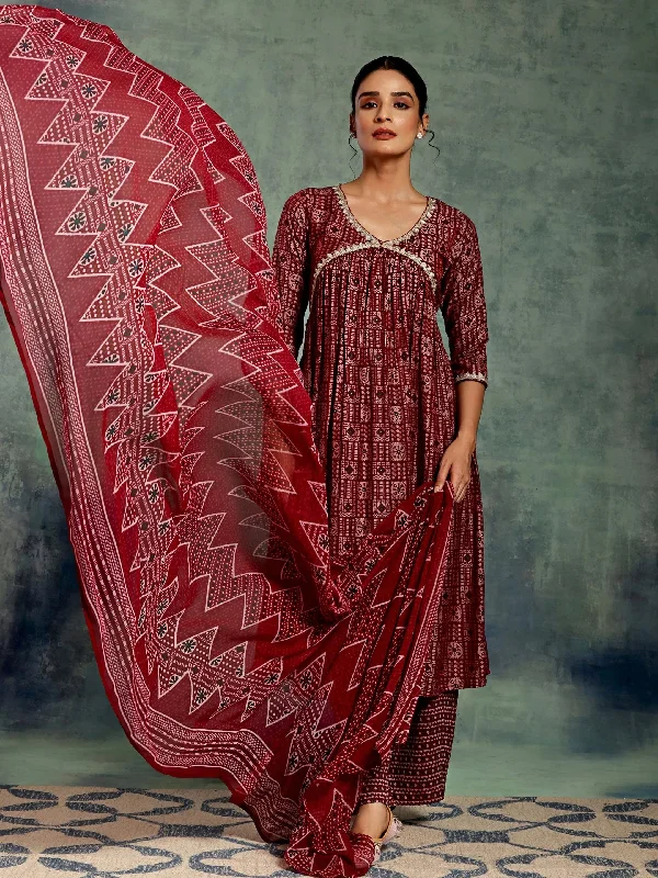 Printed Patterns Maroon Printed Silk Blend A-Line Kurta With Palazzos & Dupatta