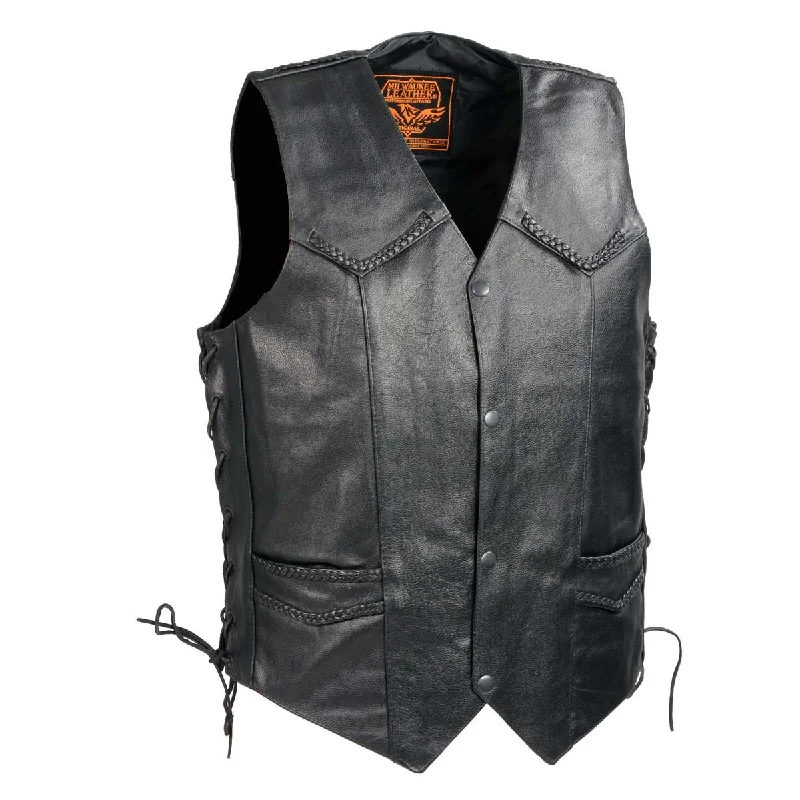Comfy Jackets Milwaukee Leather SH1314 Men's Classic Black Braided Leather Vest with Side Laces