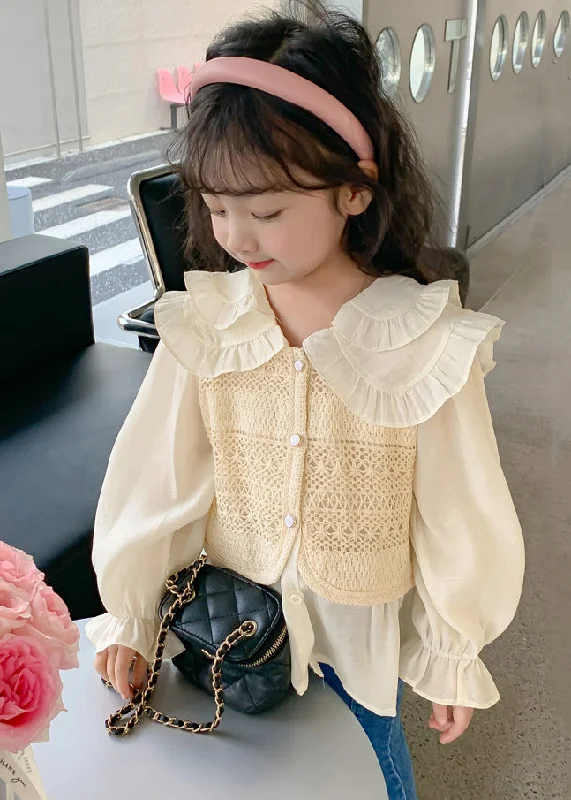 Sports Fashion Fashion Apricot Peter Pan Collar False Two Pieces Cotton Knit Girls Shirt Spring